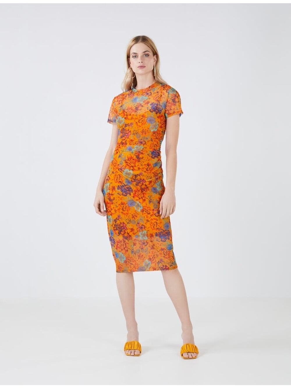 BCBGMAXAZRIA Floral Orange Sheath Dress Short Sleeve Side Ruched SZ M